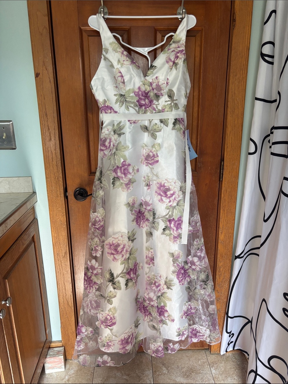 Minuet Petite White Floral Prom Dress with Purple and Green Accents
